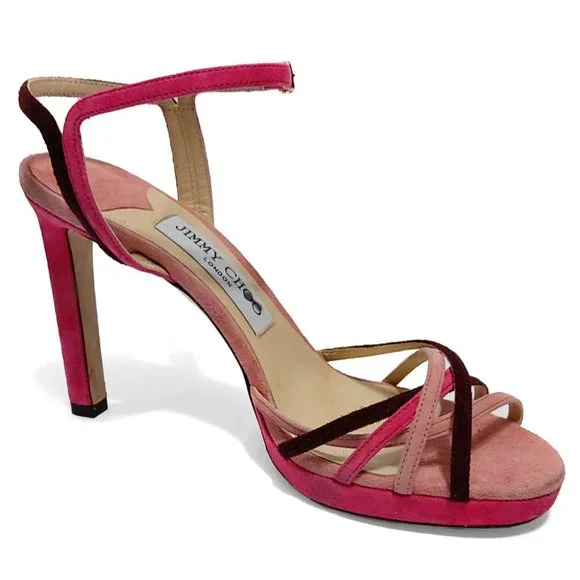 JIMMY CHOO Lilah 100 Hot Pink Suede Strappy Platform Heels Size EU37 7US Sandals